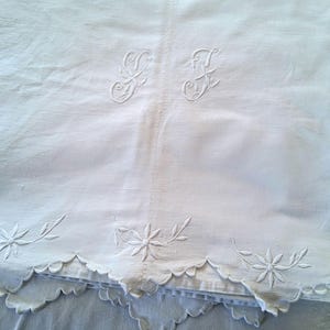 Antique French fine linen monogrammed embroidered floral edged trousseau bedlinen sheet initials S J