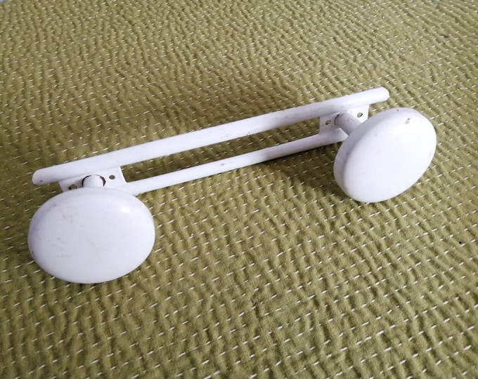 Vintage French white painted metal coat knobs wall rack