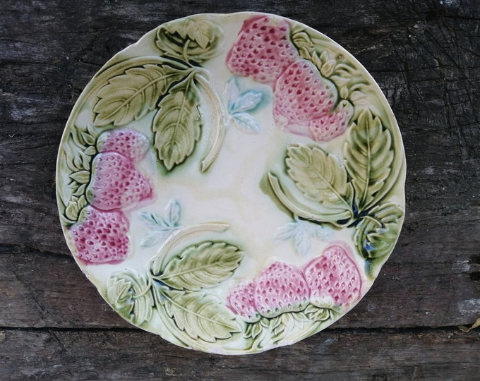 antique French faience majolica barbotine raised moulded strawberry design plate