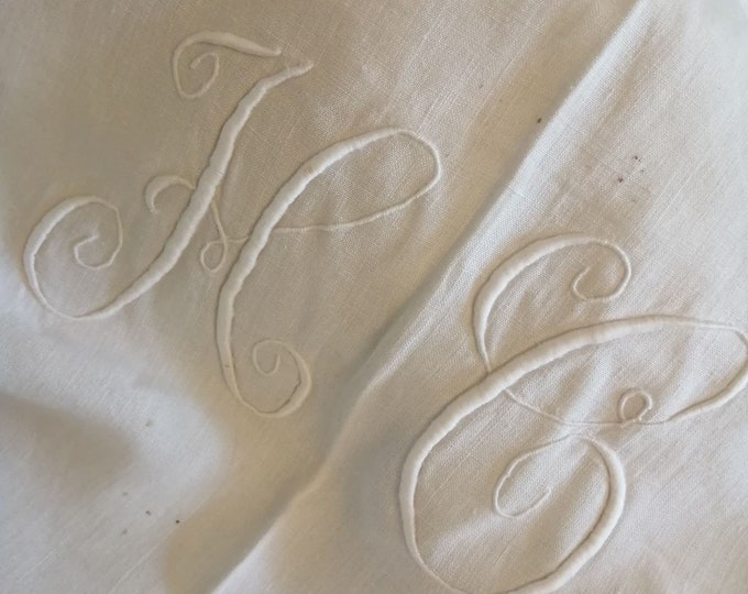 Antique French linen monogrammed embroidered trousseau bedlinen sheet HC