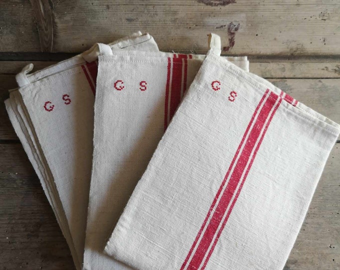 Vintage French red striped linen and hemp torchons tea towels tea cloths glass cloths initials G S