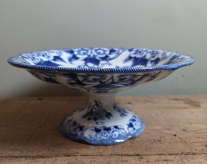 Antique French Creil Montereau terre de fer ironstone cake stand compote in flow blue convolvulus pattern