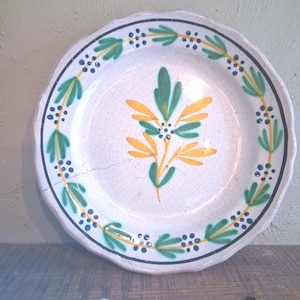 Antique French possibly 18th century mistletoe design polychrome faience handpainted tin glazed cul noir plate