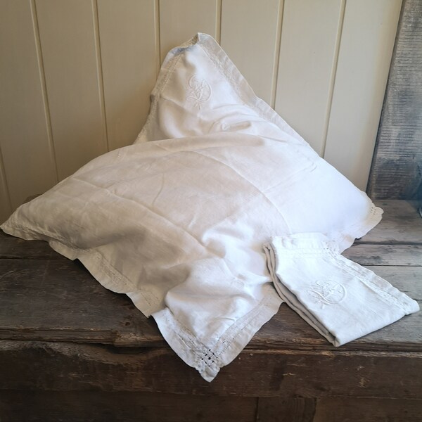 Antique pure linen pair of embroidered D or J monogrammed French cushion covers pillowcases or shams.