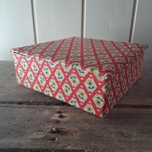Shabby chic vintage Provencal red floral fabric covered antique French boudoir box sewing box chocolate box