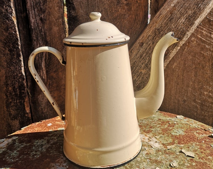 Vintage retro French large cream coloured enamel ware coffee or hot chocolate pot