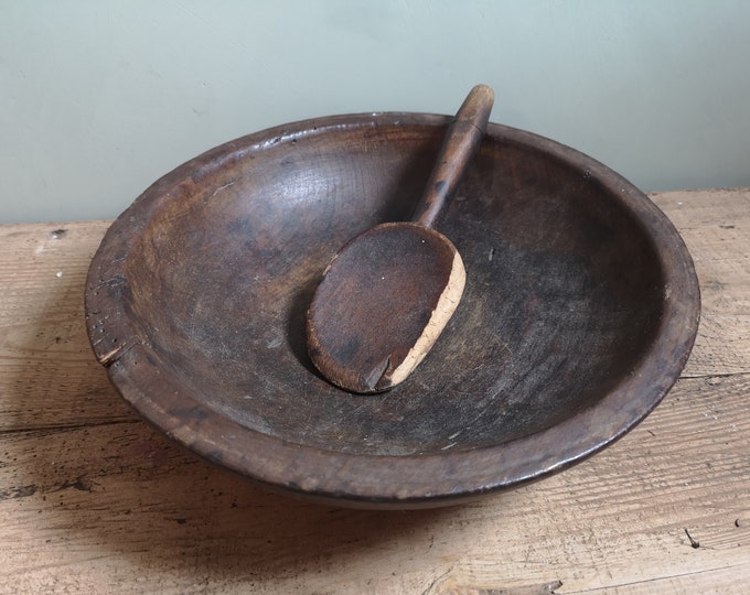 Antique French rustic wooden primitive deep bowl with matching dairy spoon or paddle