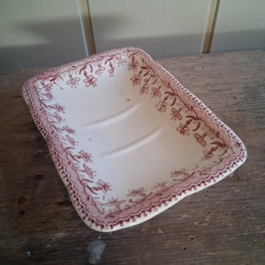 Antique French St Amand terre de fer ironstone soap dish or pin tray in pink stylised &#39;Arum&#39; lily border floral design