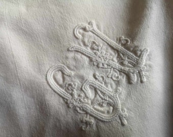 Antique  French linen cotton cushion pillowcase or sham with monogram embroidery G V and ladderwork border.
