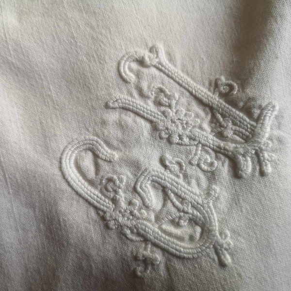 Antique  French linen cotton cushion pillowcase or sham with monogram embroidery G V and ladderwork border.