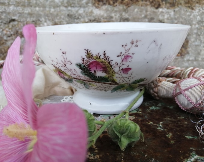 Antique French hand painted moss rose design cafe au lait bowl