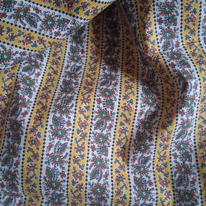 Vintage French floral stripe yellow cotton fabric length textile piece printed by Marignan