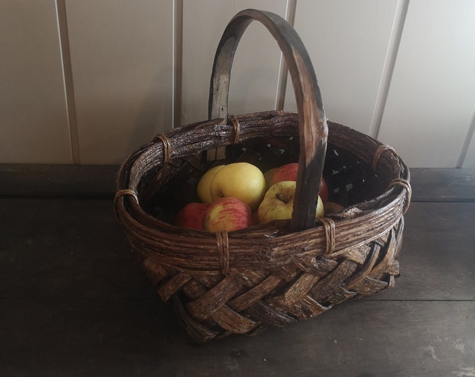 Antique French petite woven wooden harvest basket