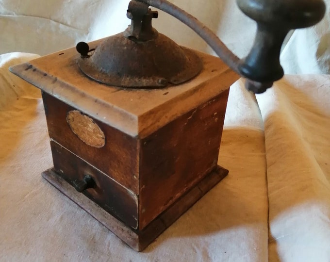 Vintage French iconic wooden coffee bean grinder