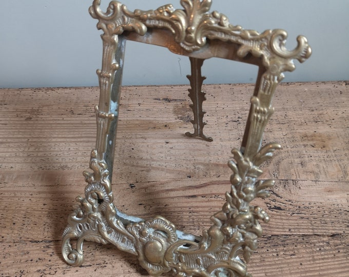 Antique French ornate cast and pressed brass gilt metal easel photo frame