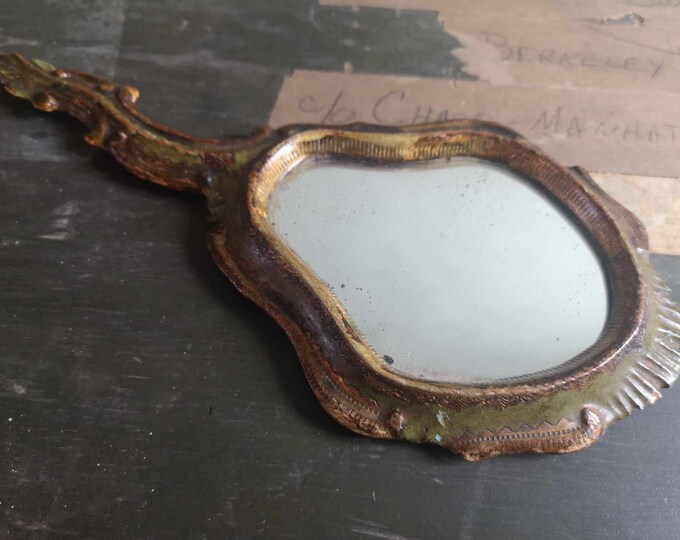 Antique rare Florentine ware green and gilt foxed Rococo style hand mirror