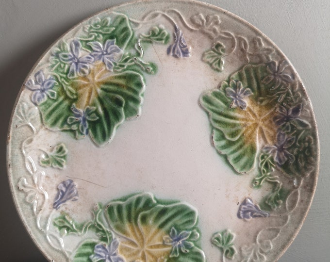 antique French faience majolica barbotine raised moulded floral violets design plate