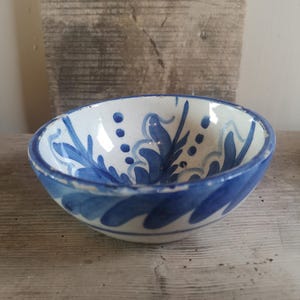 Wonderful French faience hand decorated floral cafe au lait blue and white breakfast bowl