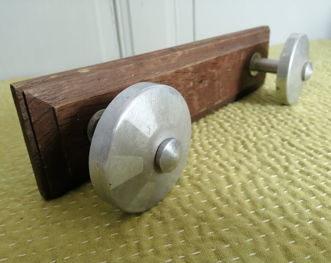 Vintage French Deco style chromed metal knobs on wooden wall rack