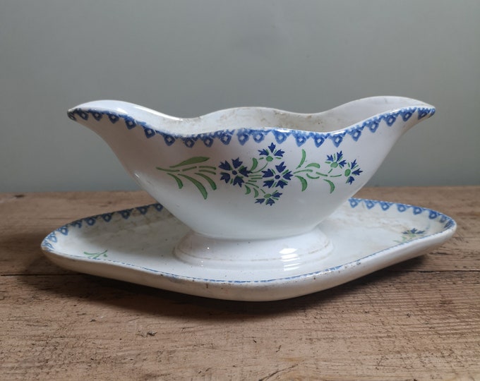 Antique French terre de fer ironstone Choisy Le Roi sauce boat or cradle in cornflower or bleuet pattern