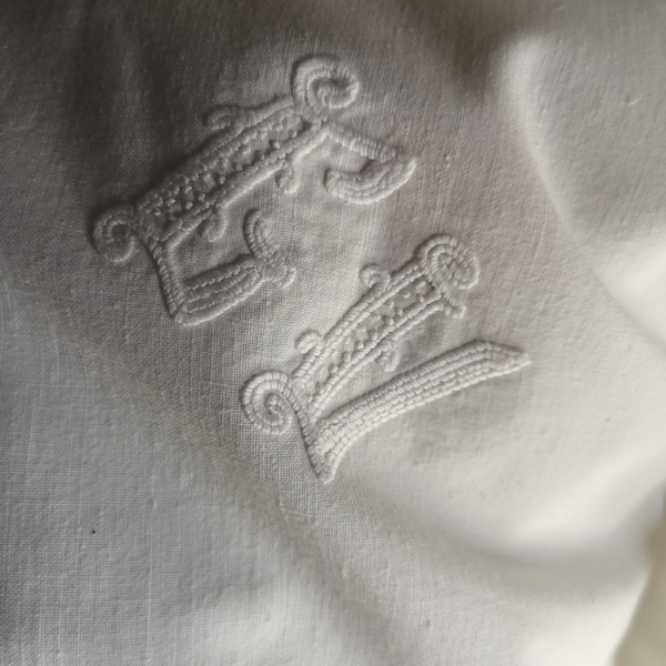 Antique  French linen cotton cushion pillowcase or sham with monogram embroidery G V and satin stitch border.