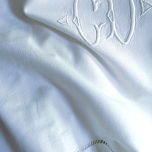 Antique French linen cotton metis monogrammed embroidered trousseau bedlinen sheet