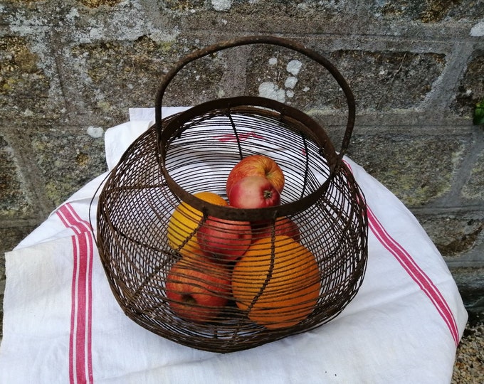 Vintage French round wirework egg collecting and storage basket