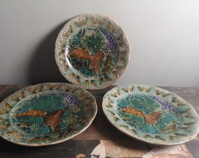 antique French faience majolica barbotine raised moulded grape fruit and foliage design plates