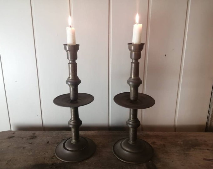 Antique French heavy solid brass pair of table candle sticks with round turned bases