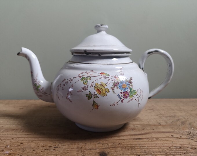 Vintage French floral decorated enamel ware teapot
