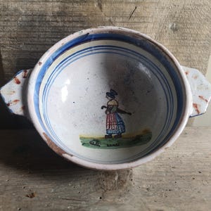 Antique Delft style French faience hand decorated cafe au lait breakfast bowl possibly early Quimper