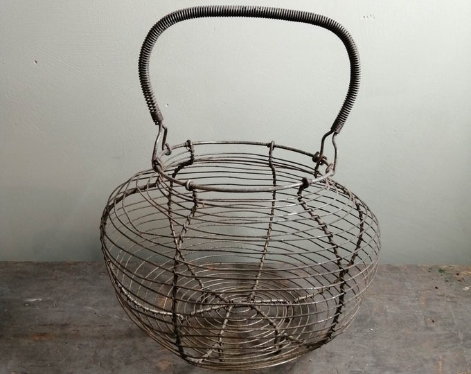 Vintage French round wirework egg collecting and storage basket