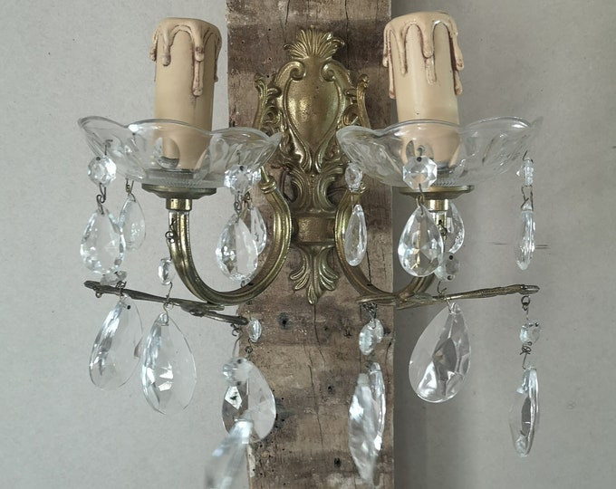 Pretty antique style vintage French gilt metal lustre hung wall light with glass cups