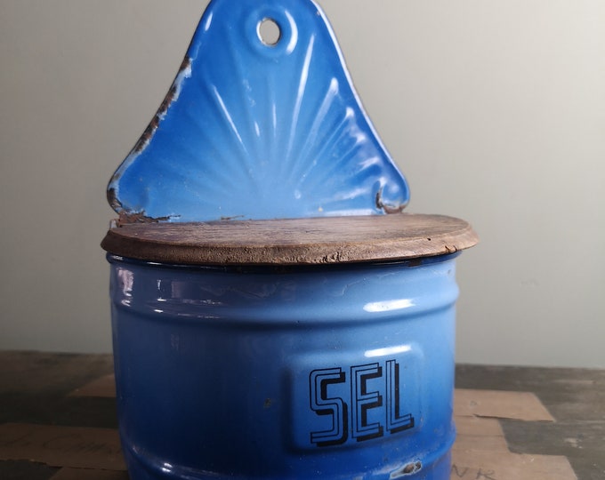 Antique or vintage French salt pot in vibrant blue enamel with art deco lettering SEL