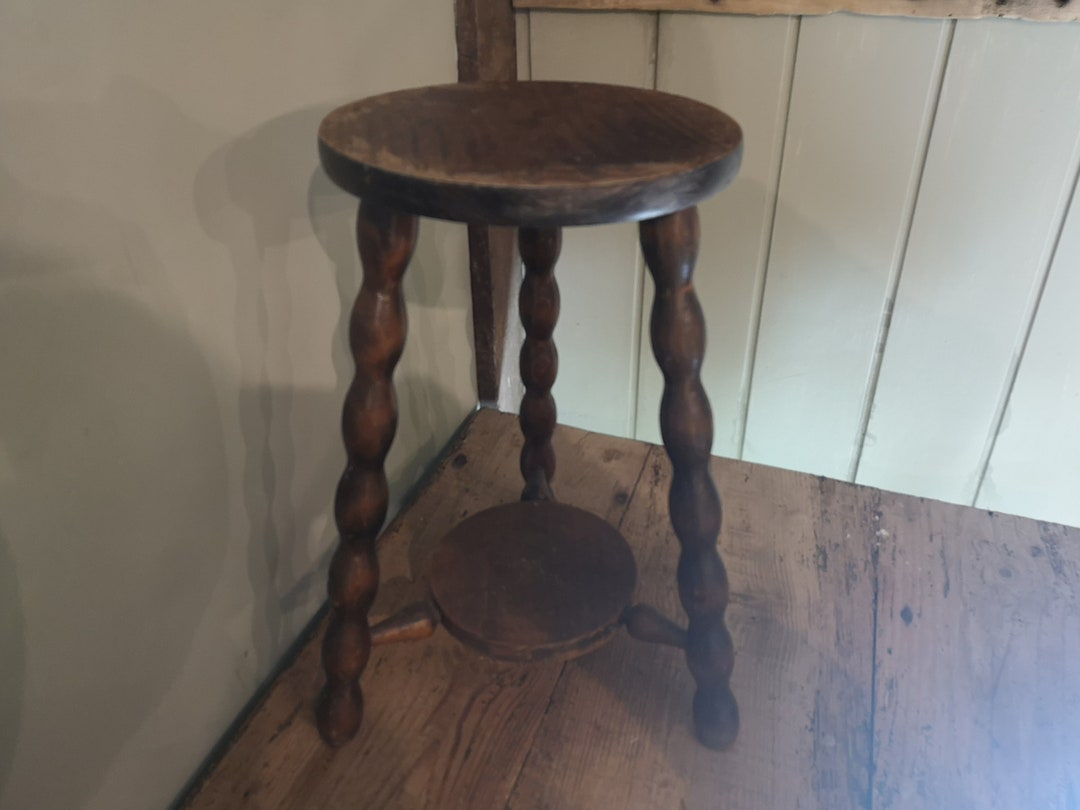 Antique or Vintage French Round Top Wooden Three Legged Tall Milking ...