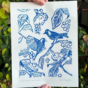 Birds of a Feather Linocut Print (Blue or Green) – Hand-Carved & Hand-Pulled Nature Artwork, Limited Edition Wildlife-Inspired Wall Decor