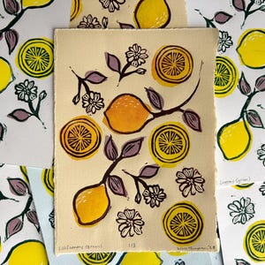 Citrus Lemons – Framed Linocut Lemon Print with Chine-Collé – Hand-Printed Citrus Wall Art – Yellow Kitchen Decor – Botanical Fruit Print