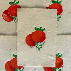 Handgedruckte orange Postkarte – Zitrusfrucht Linolschnitt Karte, botanischer Mini Print
