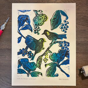 Birds of a Feather Linocut Print – Original Hand-Carved & Hand-Pulled Artwork, Limited Edition Nature-Inspired Wall Decor, Handmade Bird Art