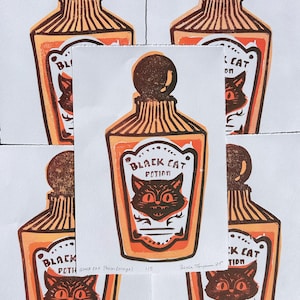 Black Cat Potion Linocut Print – Halloween Fall Wall Art, Cat Spooky Decor, Hand-Printed 5x7 Limited Edition Artwork