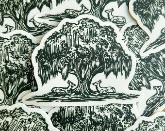 Nana's Backyard Linocut Sticker – Hand-Carved Deer Illustration, Nature Vinyl Decal for Laptop, Water Bottle, Journal, Handmade Art Sticker