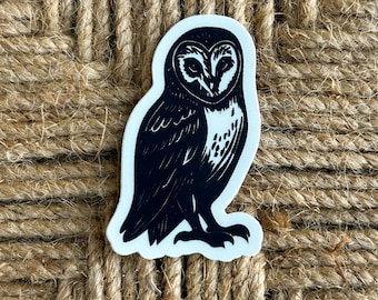 Nachteule Linolschnitt Aufkleber - Handgeschnitzte schwarze Eule Illustration, matter Vinyl Aufkleber für Laptop, Wasserflasche, Journal, handgemachter Kunstaufkleber