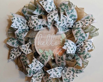 Hello Front Door Wreath, Eucalyptus Wreath, Welcome Wreath, Spring Wreath, Summer Wreath, Everyday Wreath