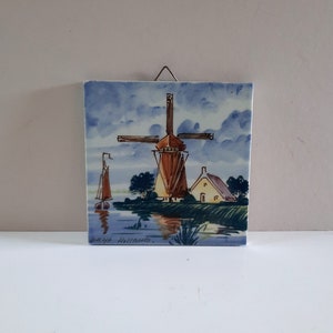 Vintage Dutch Delft Decorative Hand Painted Small Ceramic Hanging Tile