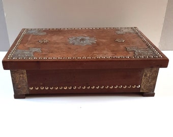Vintage Large Wooden Box with Ornamental Brass Decoration
