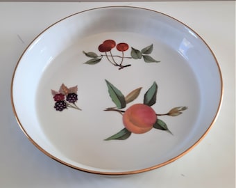 Beau plat à tarte/quiche en porcelaine fine Royal Worcester « Evesham » 1961 avec rebord doré