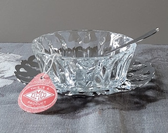 Lovely Midcentury Vintage Glass Preserve Pot on Chrome Plated Tray with Spoon