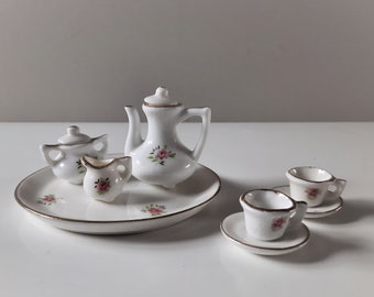 Vintage Miniature China Dollhouse Teaset With Pink Floral Design