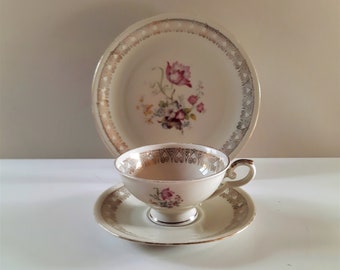 Vintage Seltmann Weiden Bavaria Porcelain Tea Trio Set - Sandwich Plate, Saucer and Tea Cup with Floral Design and Gold Trim