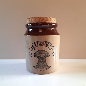 Vintage zout geglazuurd aardewerk / steengoed bloem opslagpot met kurk deksel